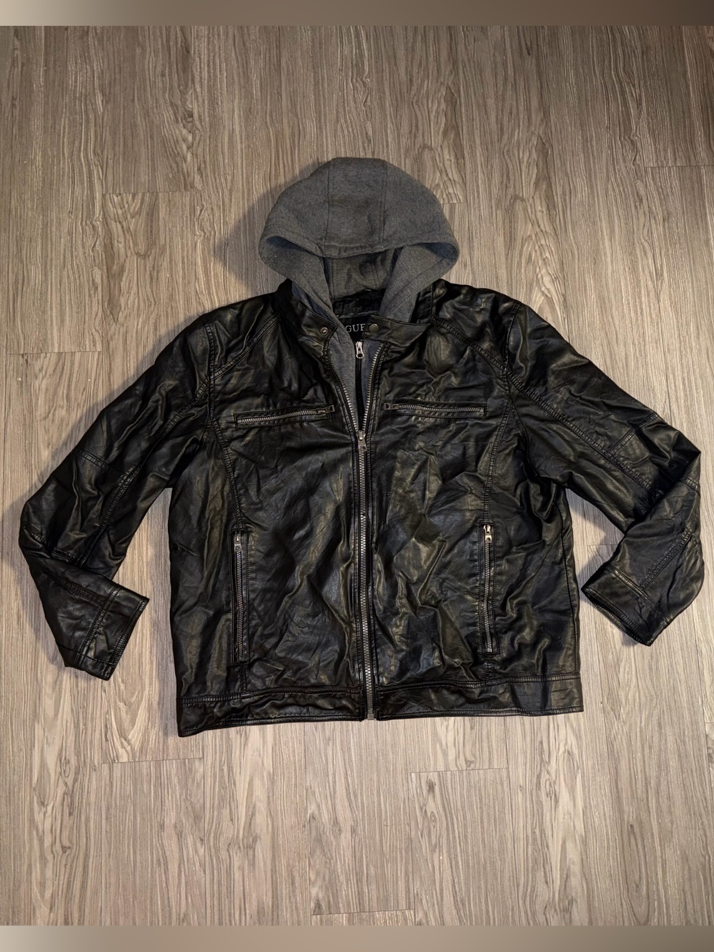 GUESS Men’s XXL Black Leather Jacket with Detachable Hood and Lining
